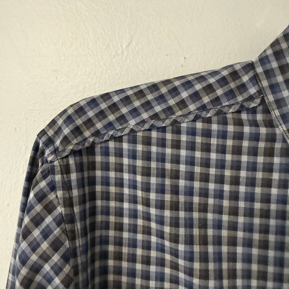 Theory Benner Trimont Men's XL Gingham Button Down Shirt Blue Grey Cotton Plaid - Picture 4 of 16